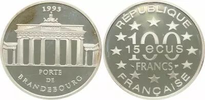 France 100 Francs  - 15 Euros - Brandenburg Gate - 1993 - XF - Silver -  without certificat