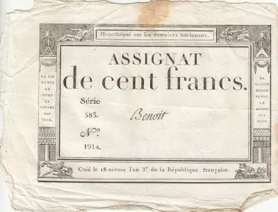 France 100 Francs - 18 Nivose An III - (07.01.1795) - Sign. Benoit - Serial 583