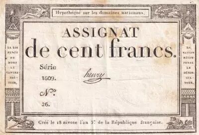 France 100 Francs - 18 Nivose An III - (07.01.1795) - Sign. Henry - Serial 1609