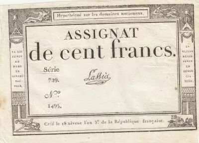 France 100 Francs - 18 Nivose An III - (07.01.1795) - Sign. Lassia - S�rie 729