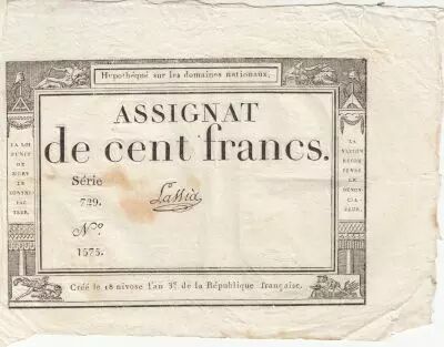 France 100 Francs - 18 Nivose An III - (07.01.1795) - Sign. Lassia - S�rie 729
