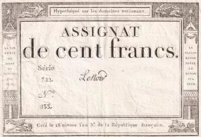 France 100 Francs - 18 Nivose An III - (07.01.1795) - Sign. Lenoir - S�rie 722