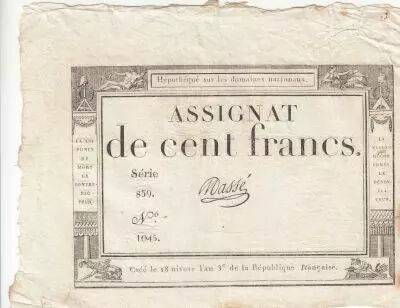 France 100 Francs - 18 Nivose An III - (07.01.1795) - Sign. Masse - S�rie859