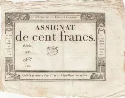 France 100 Francs - 18 Nivose An III - (07.01.1795) - Sign. Moret - Serial 425