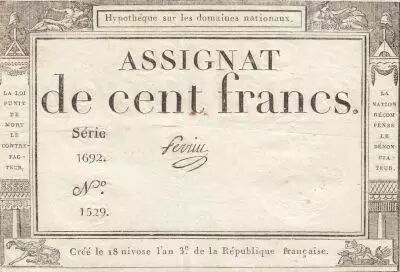 France 100 Francs - 18 Nivose An III - (07.01.1795) - Sign. Perrin  - Serial 1692