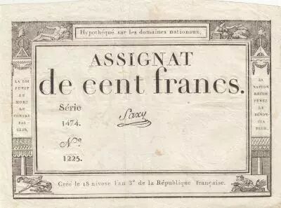 France 100 Francs - 18 Nivose An III - (07.01.1795) - Sign. Saxy - Serial 1474