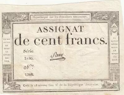 France 100 Francs - 18 Nivose An III - (07.01.1795) - Sign. Saxy - Serial 3420
