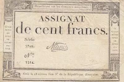 France 100 francs - 18 Nivose An III - 1794 - Sign. Mane - S�rie 3748