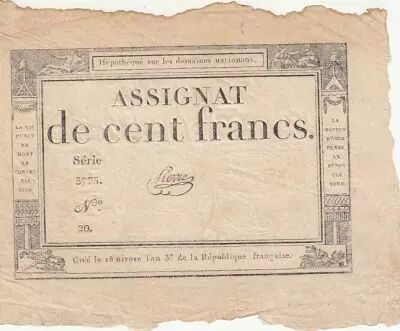 France 100 francs - 18 Nivose An III - 1794 - Sign. Pierre - S�rie 3775