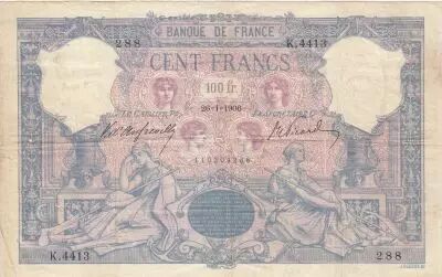 France 100 Francs - Blue and pink -  26-01-1906 - Serial K.4413- VF - P.65