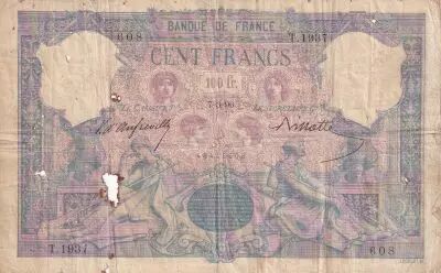 France 100 Francs - Blue and pink - 1896 - Serial T.1937 - VG - P.65