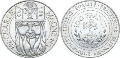 France 100 Francs - Charlemagne - 1990 - Silver