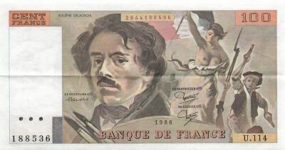 France 100 Francs - Delacroix - 1986 - Serial U.114