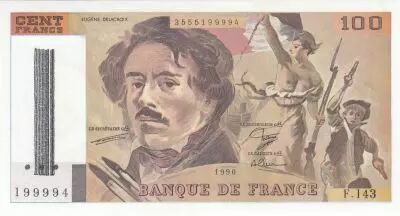 France 100 Francs - Delacroix - 1990 - Serial F.143 - BDF cancel bar