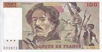 France 100 Francs - Delacroix - 1990 - Serial G.168 - P.154