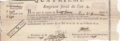 France 100 Francs - Emprunt Forc� - Year 4 (1796) - Vaucluse - Apt