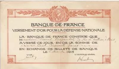 France 100 francs - Gold Payment Receipt for National Defence - 1915