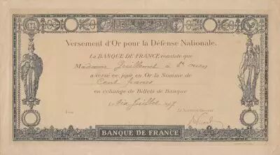 France 100 francs - Gold Payment Receipt for National Defence - 19167