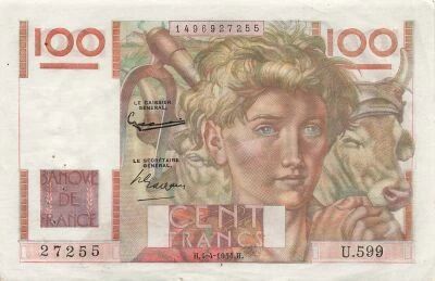 France 100 Francs - Jeune Paysan - 01-04-1954 - S�rie U.599