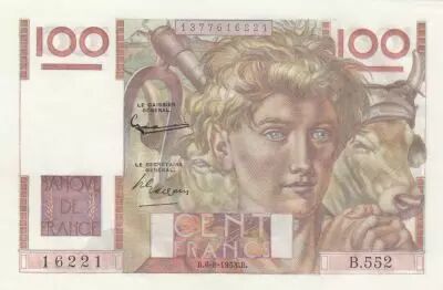 France 100 Francs - Jeune Paysan - Filigrane Invers� - 06-08-1953 - S�rie B.552