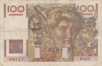 France 100 Francs - Jeune Paysan - Filigrane Invers� - 06-08-1953 - S�rie D.552