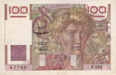 France 100 Francs - Jeune Paysan - Filigrane invers�e - 01-04-1954 - S�rie P.593 - F.28bis.06
