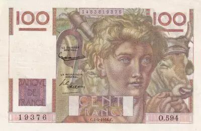 France 100 Francs - Jeune Paysan - Reversed watermark - 01-04-1954 - Serial O.564 - P.128