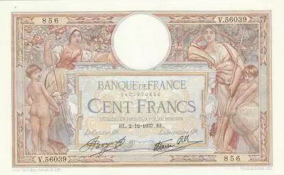 France 100 Francs - Luc Olivier Merson - 02-12-1937 - Serial V.56039