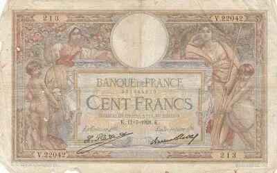 France 100 Francs - Luc Olivier Merson - 11-07-1928 - Serial V.22042