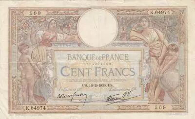 France 100 Francs - Luc Olivier Merson - 16-02-1939 - Serial K.64974