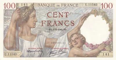 France 100 Francs - Sully -  06-06-1940 - Serial U.11543