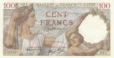 France 100 Francs - Sully - 09-01-1941 - Serial G.17737