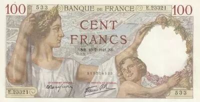France 100 Francs - Sully - 10-07-1941 - Serial E.23321