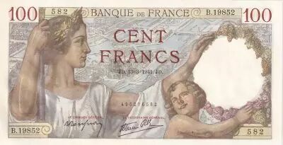 France 100 Francs - Sully - 13-03-1941 - Serial B.19852