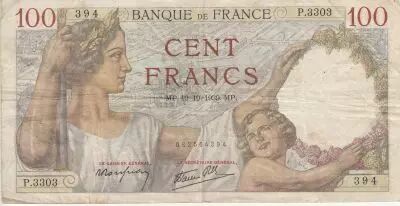 France 100 Francs - Sully - 19-10-1939 - Serial P.3303