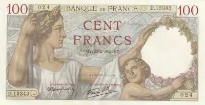 France 100 Francs - Sully - 20-02-1941 - Serial D.19343