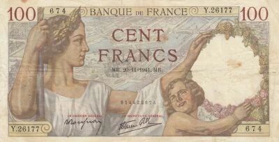 France 100 Francs - Sully - 20-11-1941 - Series Y.26177