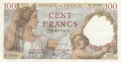 France 100 Francs - Sully - 29-01-1942 - Serial W.28020