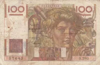France 100 Francs - Young farmer - 02-12-1948 - Serial S.280