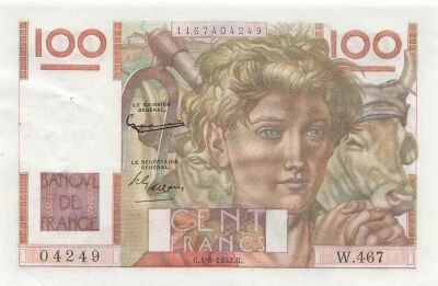 France 100 Francs - Young Farmer - 04-09-1952 - Serial W.467