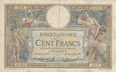 France 100 Francs 27-11-1908 Serial H.553