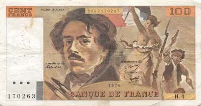 France 100 Francs Delacroix - 1978 Serial H.4 - Hatched - VF