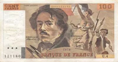France 100 Francs Delacroix - 1978 Serial U.4 - Hatched - VF