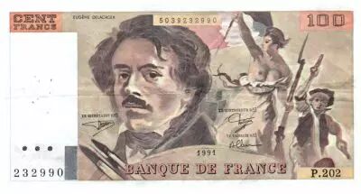 France 100 Francs Delacroix - 1991 Serial P.202 - VF