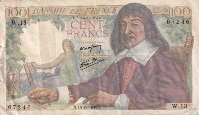 France 100 Francs Descartes - 15-05-1942 Serial W.13