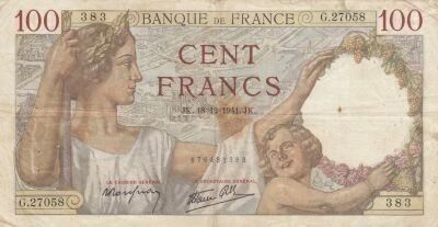 France 100 Francs Jacques Coeur - 18-12-1941 - S�rie G.27058