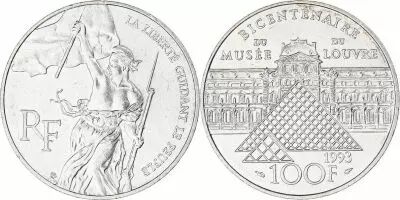 France 100 Francs Liberty - Bicentennial of Louvre 1993 Silver