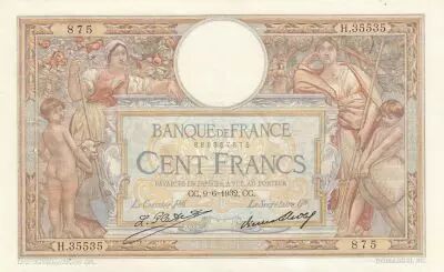 France 100 Francs LOM - large cartridges - 09-06-1932 - Serial H.35535