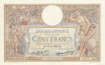 France 100 Francs LOM - large cartridges - 17-11-1932 - Serial R.37832
