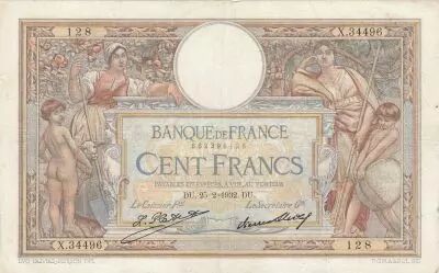 France 100 Francs LOM - large cartridges - 25-02-1932 - Serial X.34496